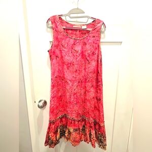 Frivolous Red Batik Sleeveless Dress M Handmade Rayon Ruffle Hem Boho